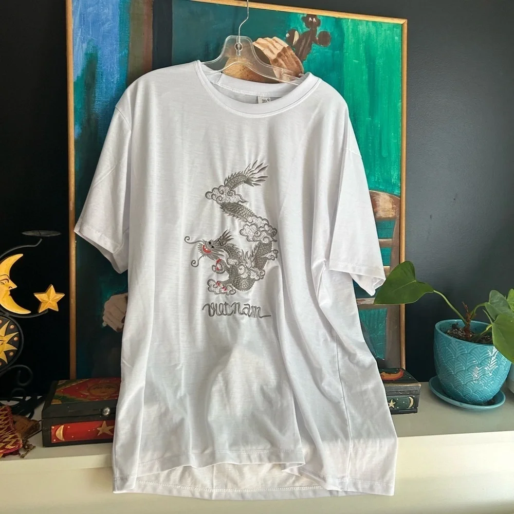 Vietnam Dragon Embroidered T-Shirt White Cotton Graphic Tee Men’s 3XL Travel - Picture 10 of 11